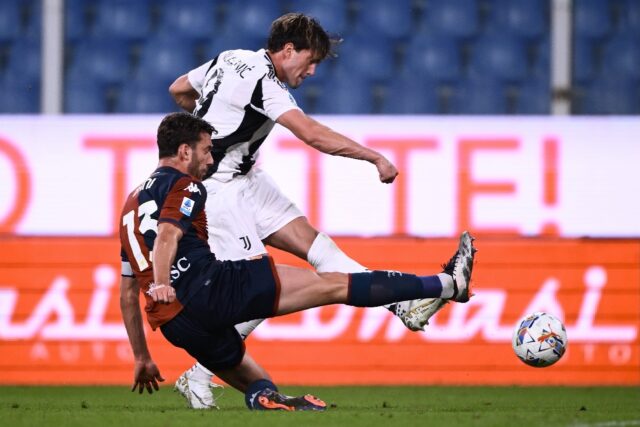 Dusan Vlahovic scores his second goal at Genoa on Saturday