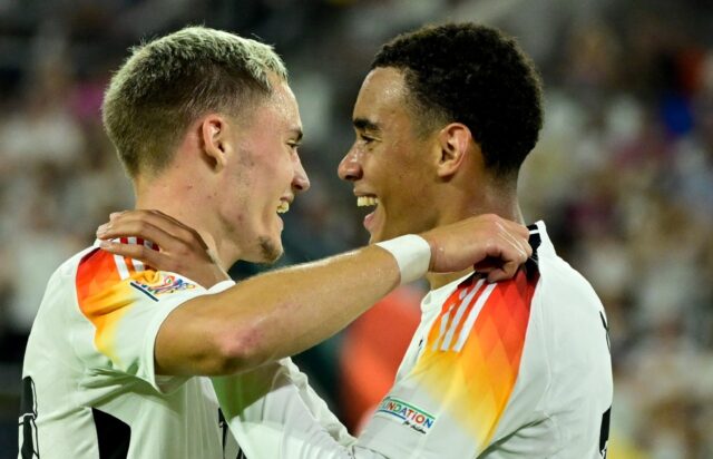 Germany's Florian Wirtz (L) and Jamal Musiala celebrate in Saturday's 5-0 win over Hungary