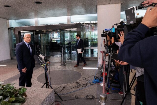 Israel's opposition leader and former prime minister Yair Lapid delivers a statement to th