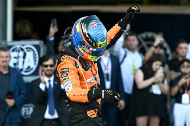 McLaren's Oscar Piastri celebrates his thrilling win over Charles Leclerc in Baku