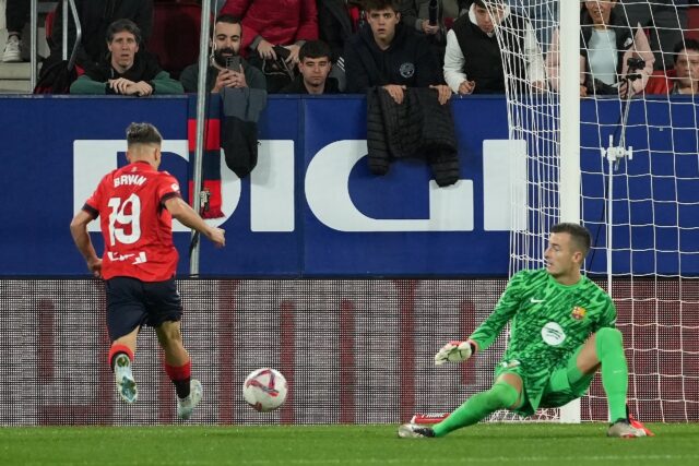 Osasuna's Spanish winger Bryan Zaragoza scores the second goal in his team's surprise win