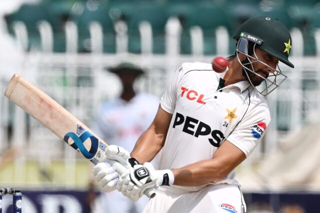 Pakistan's Agha Salman avoids a delivery during the second Test against Bangladesh