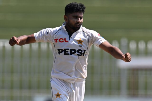 Pakistan's Khurram Shahzad celebrates after taking the wicket of Bangladesh's Shakib Al Ha