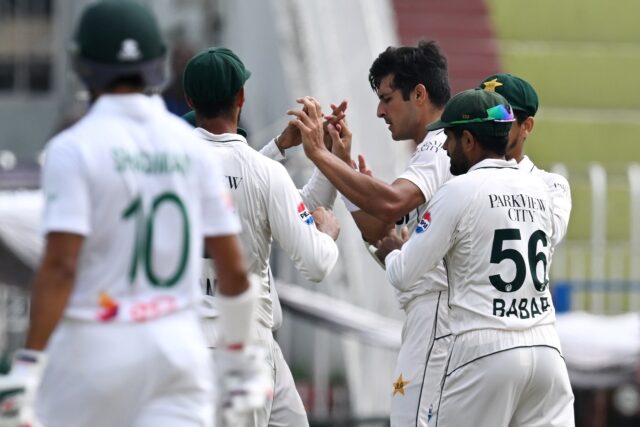 Pakistan's Mir Hamza (third right) celebrates the wicket of Bangladesh's Zakir Hasan on da