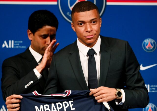 Paris Saint-Germain's CEO Nasser Al-Khelaifi and French forward Kylian Mbappe in happier t