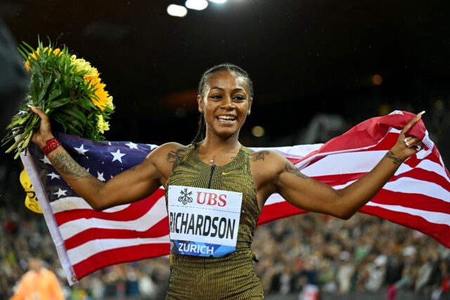 Sha'Carri Richardson celebrates after winning the women's 100m in Zurich