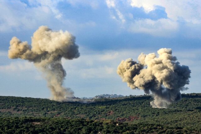 Smoke billows from the site of an Israeli strike on the outskirts of the southern Lebanese