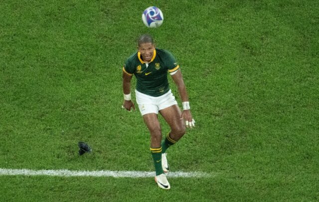 South Africa fly-half Manie Libbok watches his kick at goal during the 2023 Rugby World Cu