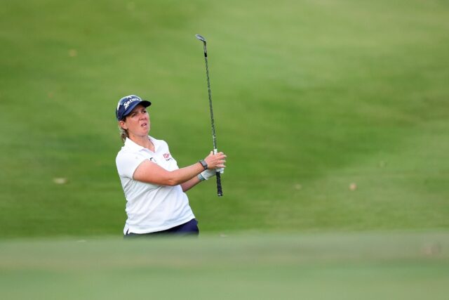 South African Ashleigh Buhai chips onto the 18th green on the way to the 36-hole lead in t