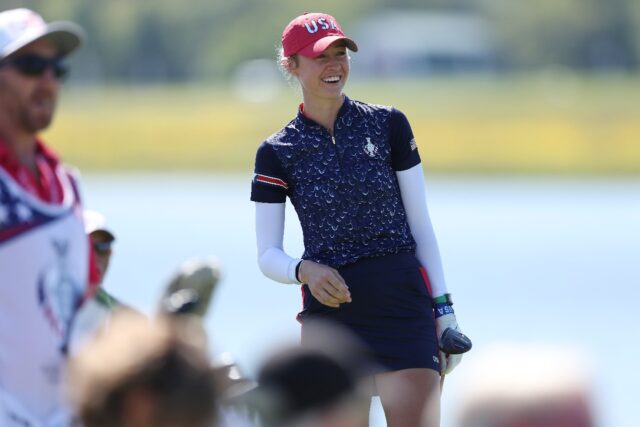 Top-ranked Nelly Korda of the United States smiles after hitting a drive during a practice