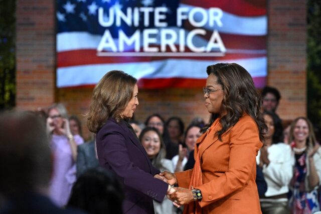 US Vice President and Democratic presidential candidate Kamala Harris (L) joins US televis