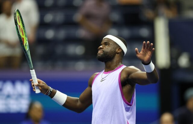 Victory moment: Frances Tiafoe gestures as he celebrates his win against Grigor Dimitrov