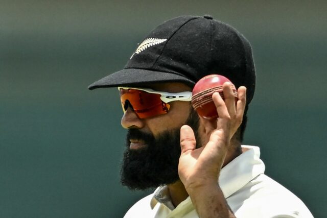 New Zealand's Ajaz Patel gestures after taking a five-wicket haul