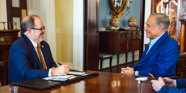 Texas Governor Greg Abbott discusses the impact of Operation Lone Star on migrant crossings with Breitbart Texas' Bob Price. (Office of Texas Governor)