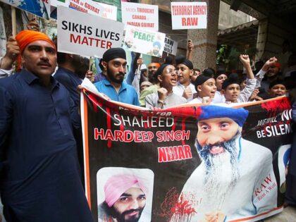 Members of Sikh community hold a protest against the killing of Hardeep Singh Nijjar, in P