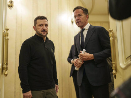 NATO Secretary General Mark Rutte, left, and Ukrainian President Volodymyr Zelenskyy speak