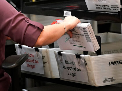 An election worker sorts vote-by-mail ballots at the Miami-Dade County Board of Elections,