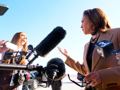 Democratic presidential nominee Vice President Kamala Harris speaks to reporters before sh