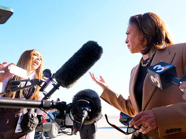 Democratic presidential nominee Vice President Kamala Harris speaks to reporters before sh