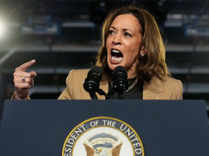 Democratic presidential nominee Vice President Kamala Harris speaks at a campaign event Th