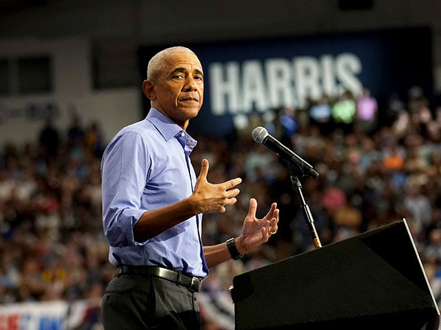 Former President Barack Obama speaks during a campaign rally supporting Democratic preside