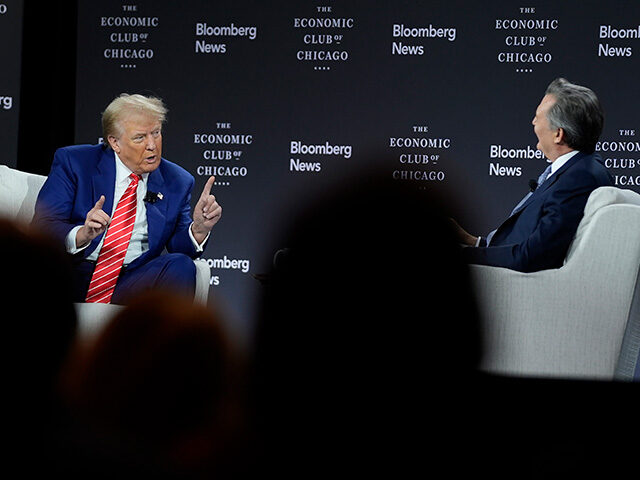 Republican presidential nominee former President Donald Trump speaks during an interview w