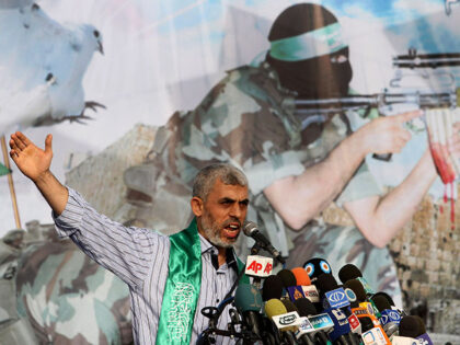 Yahya Sinwar talks during a rally in Khan Younis, southern Gaza Strip, on Oct. 21, 2011. (