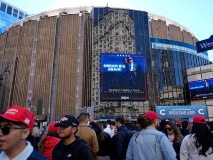 People walk outside Madison Square Garden before a campaign rally for Republican president