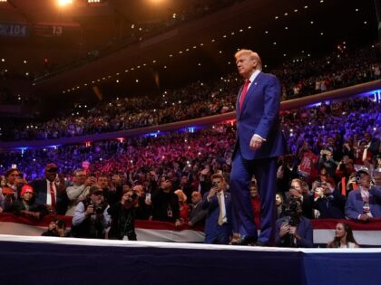 Republican presidential nominee former President Donald Trump arrives at a campaign rally