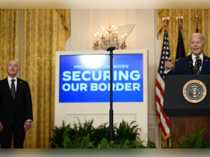 US Homeland Security Secretary Alejandro Mayorkas (L) listens to President Joe Biden speak