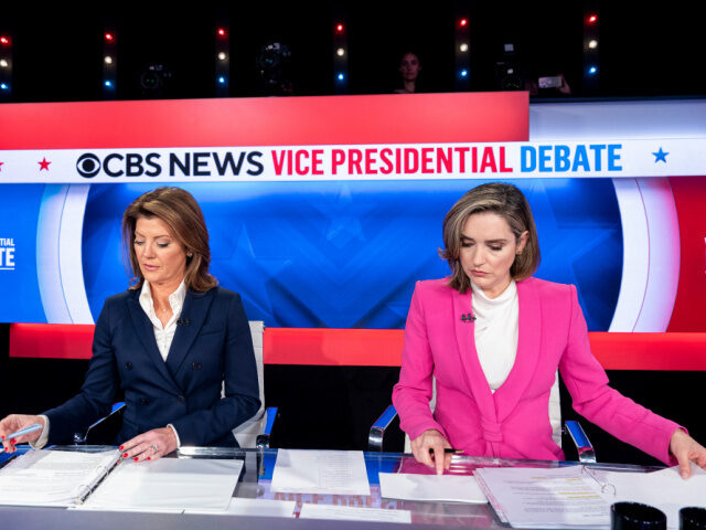 CBS News anchors Norah O'Donnell, left, and Margaret Brennan during the first vice pr