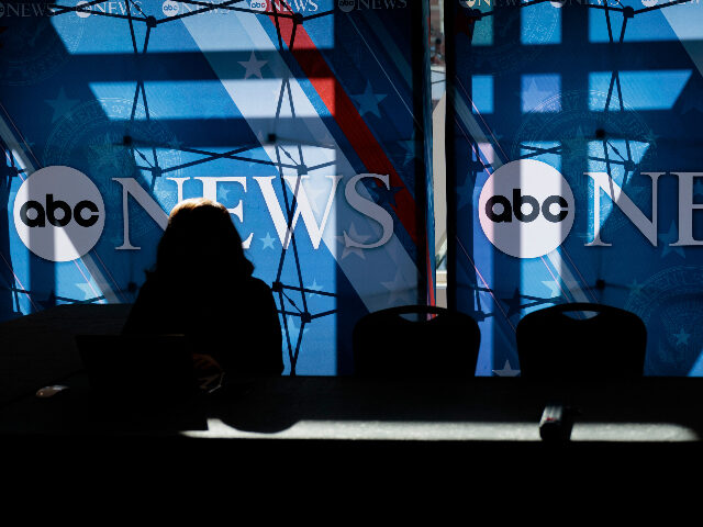 ABC News signage ahead of the second presidential debate at the Pennsylvania Convention Ce