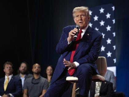 Republican presidential nominee former President Donald Trump speaks at a campaign town ha