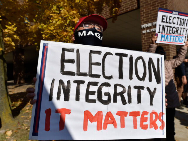 A protester holding a placard saying, election integrity matters, during the demonstration