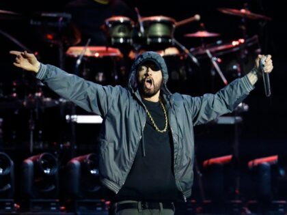 LOS ANGELES, CALIFORNIA - AUGUST 3: Eminem performs before the WBA junior middleweight tit