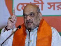 The national president of the Bhartiya Janta Party (BJP) Amit Shah addresses the media pri