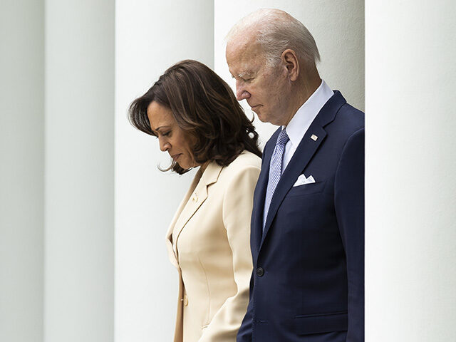 US President Joe Biden, right, and US Vice President Kamala Harris arrive to a National Sm