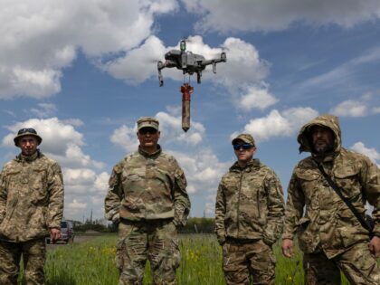 LVIV REGION, UKRAINE - MAY 12: Ukrainian military learn to fly drones with bombs attached