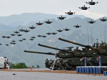 South Korea's military drones fly in formation during a South Korea-US joint military dril