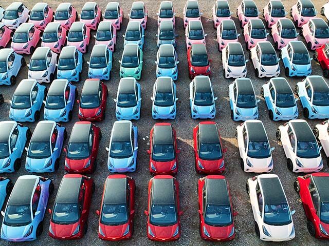 Aerial view of Chery electric cars sitting parked at a factory of Chery New Energy Automob