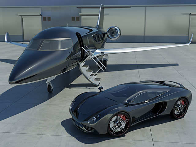 A modern sports car and private jet at an airport. High resolution 3D render.