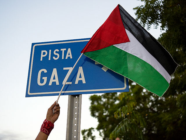 A man holds a Palestinian flag during the inauguration of Gaza street in support to the Pa