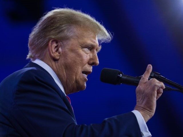 Former President Donald Trump gestures while delivering a story, during his remarks at the