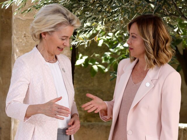 President of the European Commission Ursula von der Leyen is welcomed by Italy's Prime Min