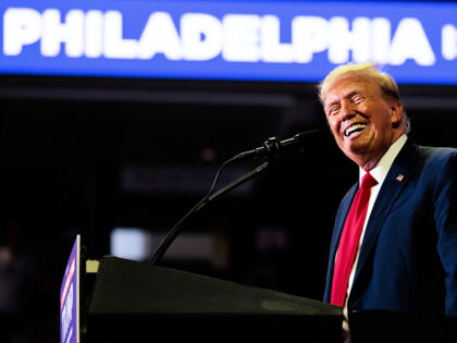 Former US President Donald Trump speaks during a campaign event at the Liacouras Center at