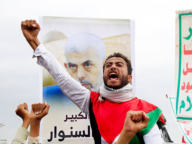 Yemenis brandish rifles, flags of Yemen and Palestine, and Houthi emblems, placards depict