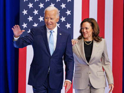 US President Joe Biden, left, and US Vice President Kamala Harris during an event in Upper