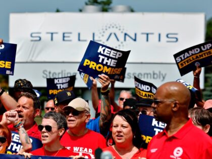 UAW members participate in a rally outside the Stellantis Sterling Heights Assembly Plant