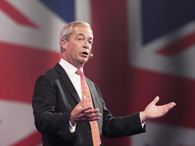 Reform UK leader Nigel Farage speaking during the party's annual conference at the Nationa