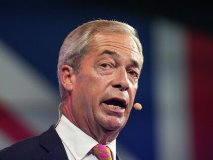 BIRMINGHAM, ENGLAND - SEPTEMBER 20: Nigel Farage Leader of Reform UK, gives a speech at th